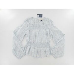 Universal Thread Blouse Peplum Smocked Waist Women Size S Light Blue White Print